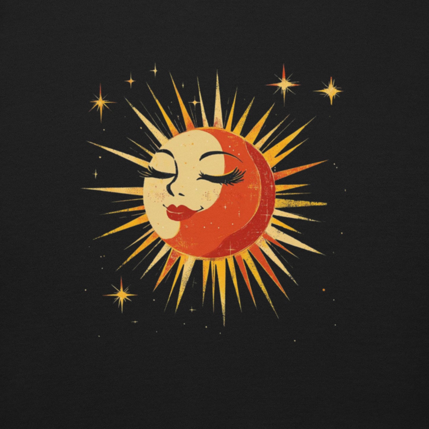 A vibrant vintage sun and moon design with golden rays and stars on a black background.