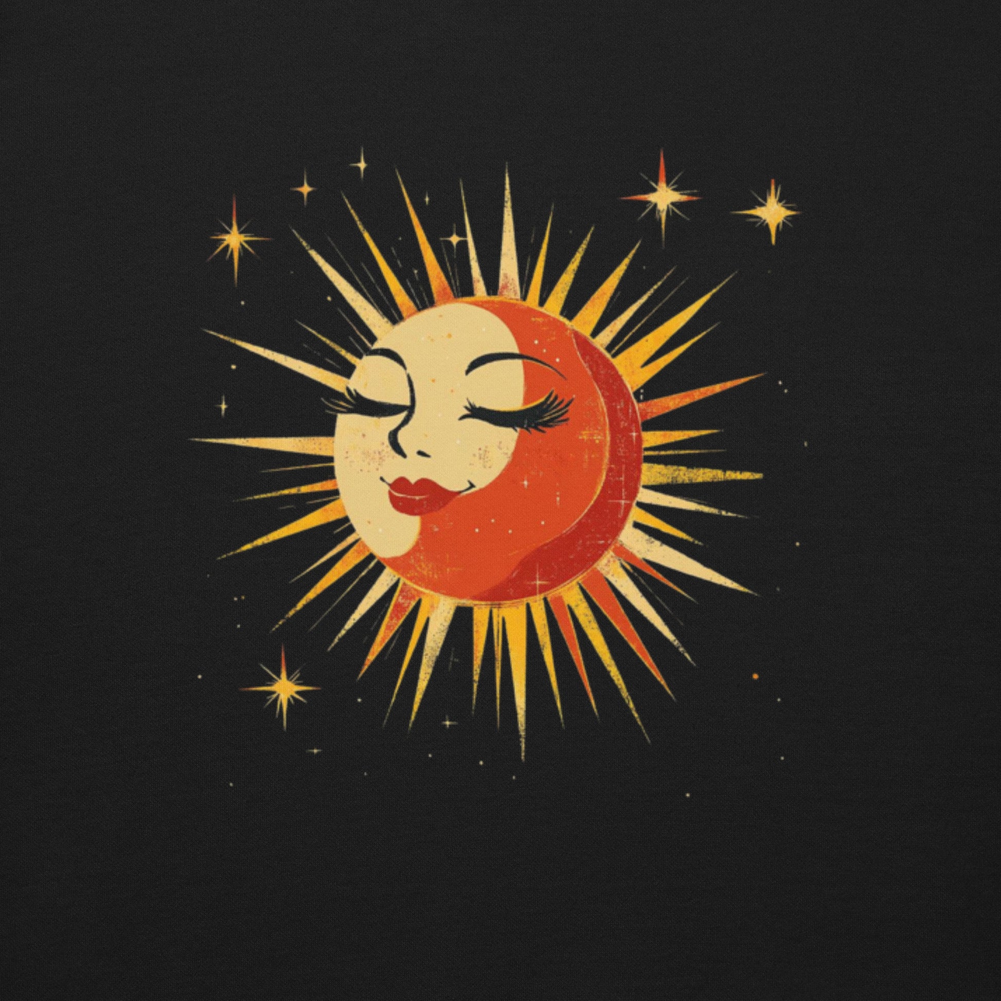 A vibrant vintage sun and moon design with golden rays and stars on a black background.