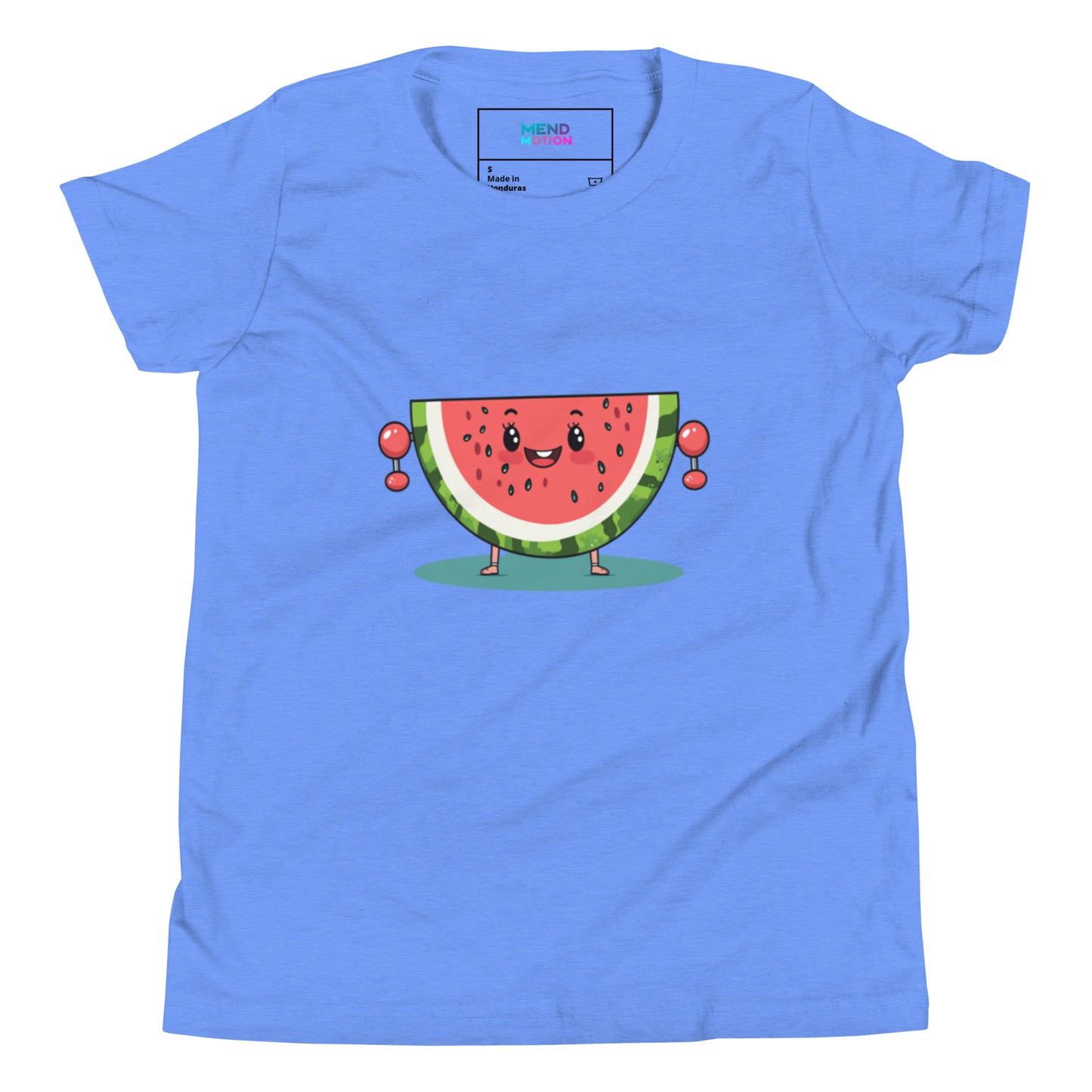Light blue youth t-shirt showcasing a playful watermelon character lifting weights, adding a touch of fun