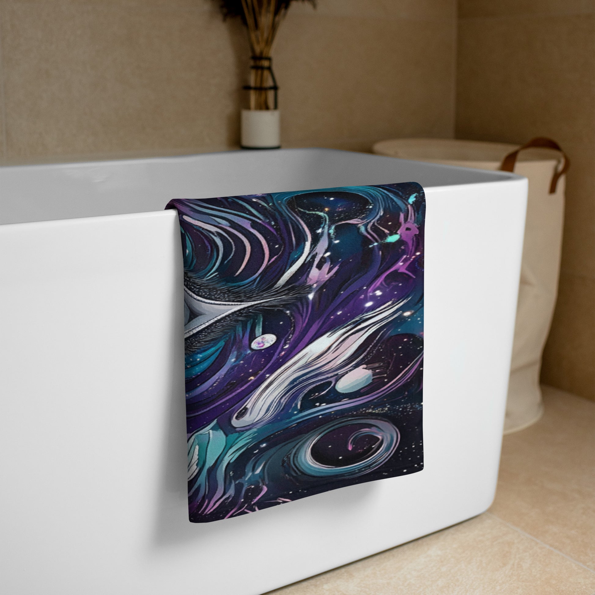 A vibrant towel draped over the edge of a bathtub, featuring a cosmic swirl design in shades of purple, blue, and black with planets and stars, adding a bold accent to the bathroom decor
