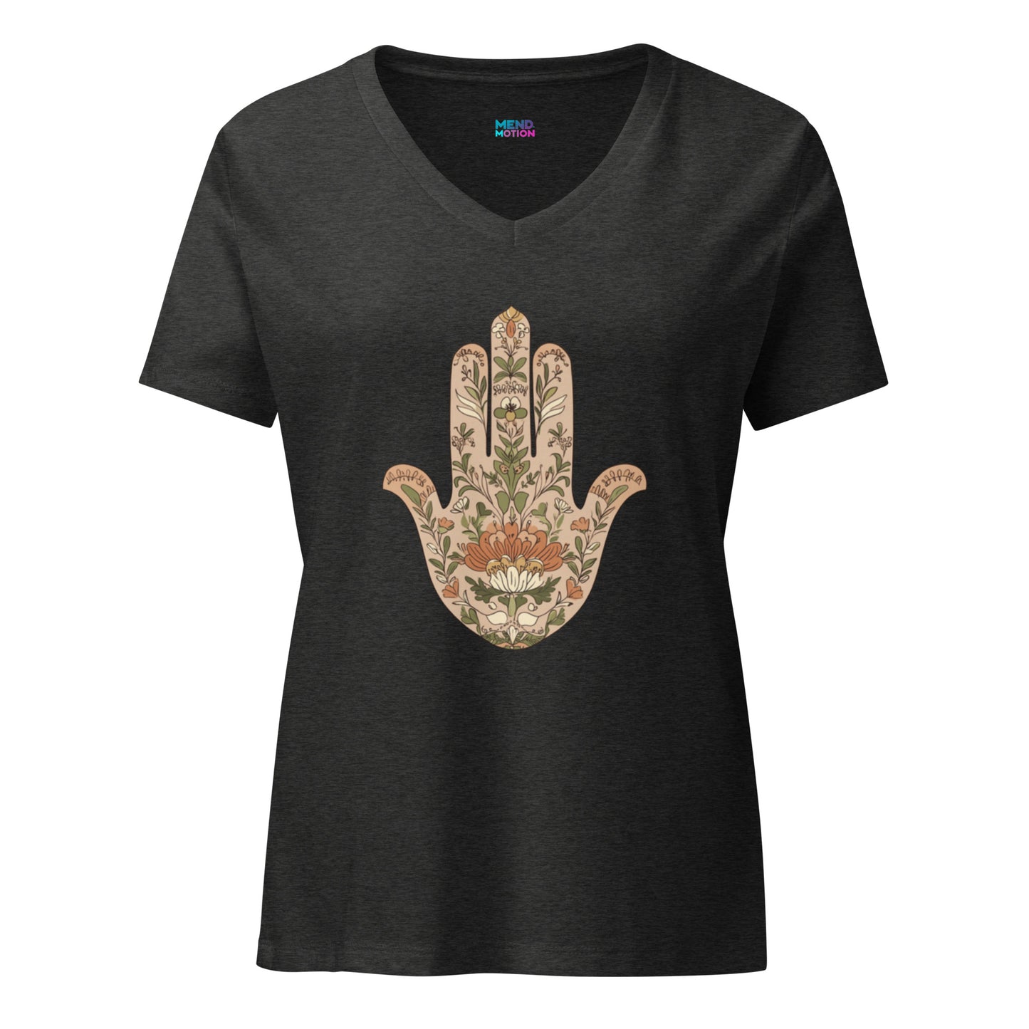 Dark grey heather V-neck T-shirt with an elegant floral Hamsa design, blending comfort and spirituality in a relaxed fit style.