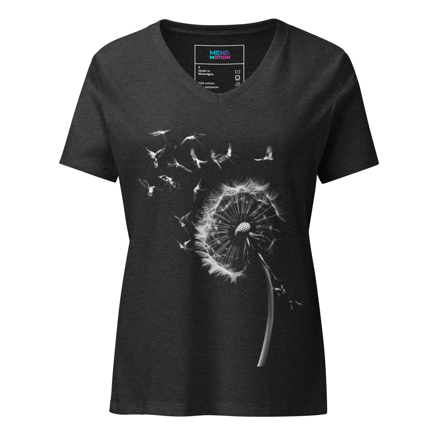 Women's relaxed V-neck T-shirt in dark grey heather with a white dandelion blowing seeds, symbolizing freedom and growth