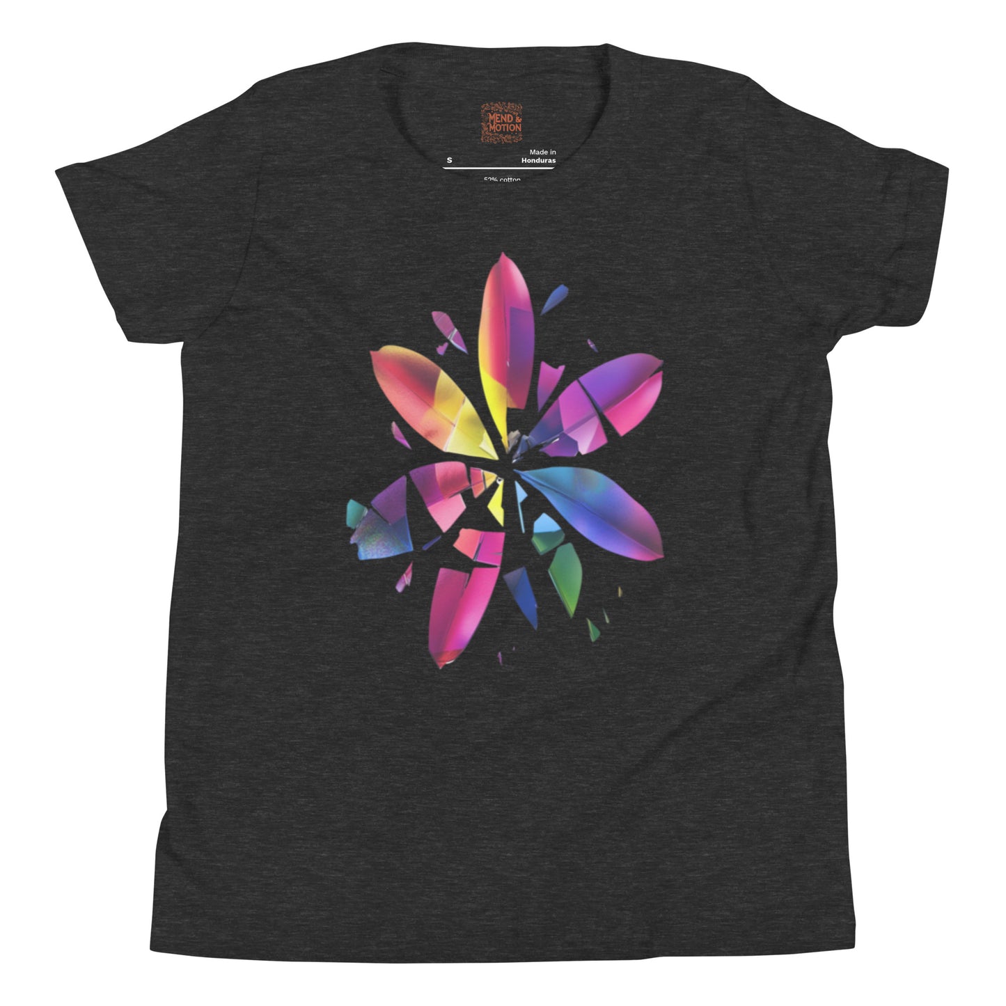 Dark grey heather youth tee with a multicolored abstract flower design made of vivid, shattered shards.