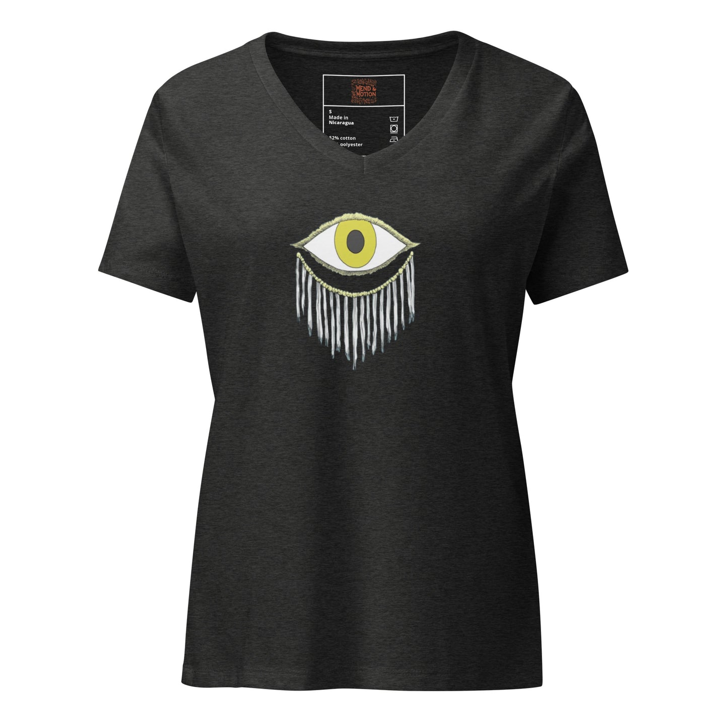 Dark grey women's relaxed v-neck t-shirt with an abstract eye design and fringes
