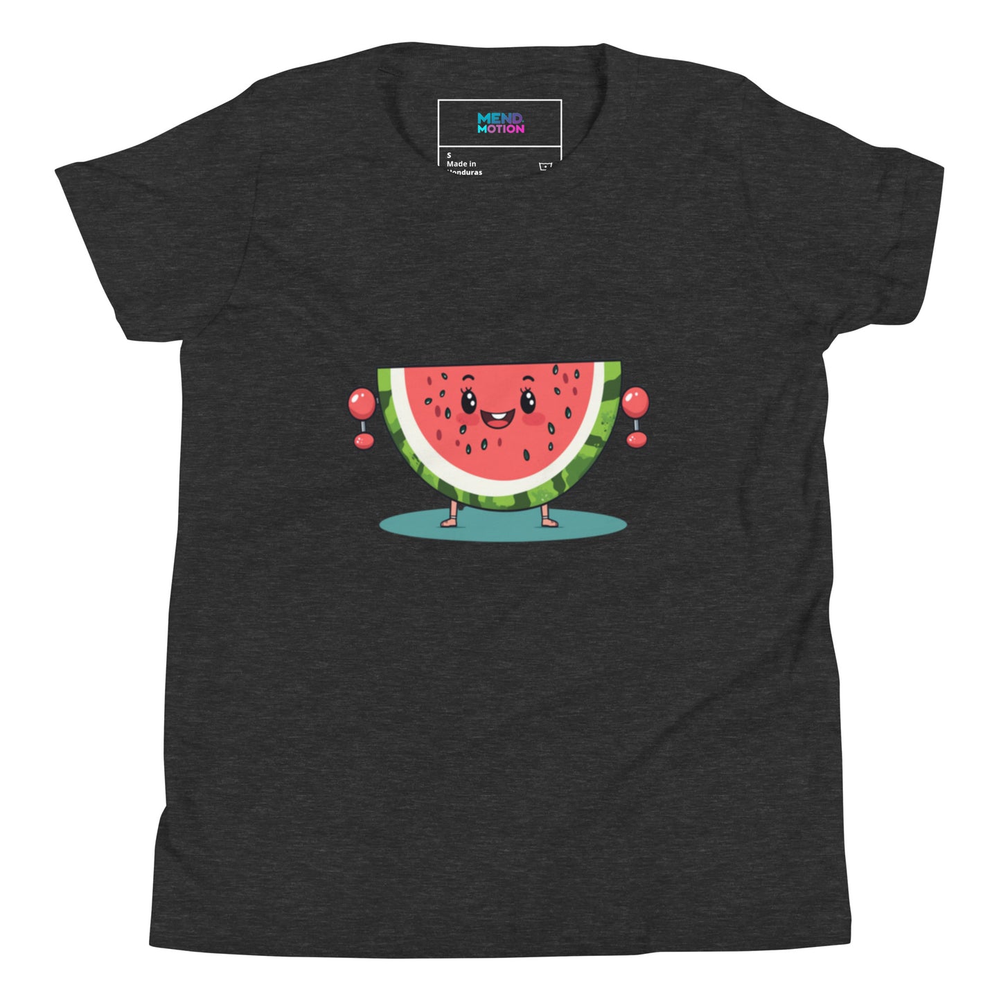 Dark grey youth t-shirt featuring a smiling watermelon character lifting tiny dumbbells