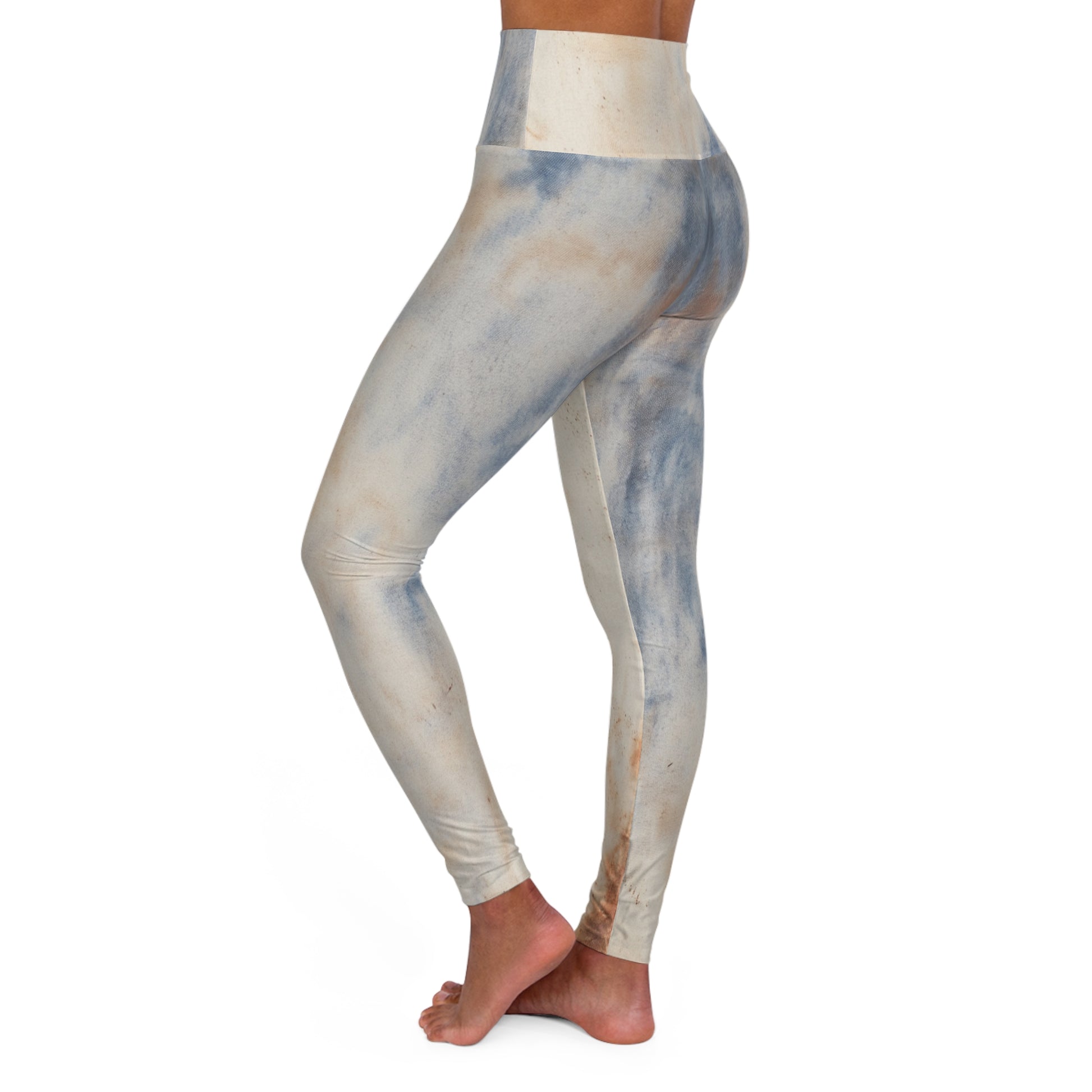 Side view of vintage-style distressed high-waisted leggings