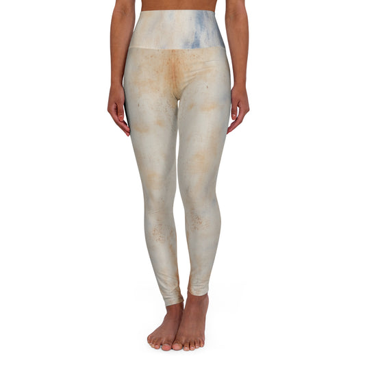 Front view of high-waisted leggings with a vintage-inspired distressed design.