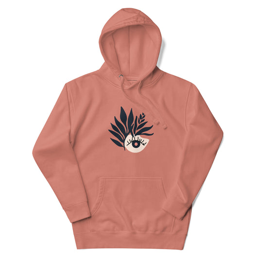 Dusty rose hoodie with a black leafy eye design printed on the chest.