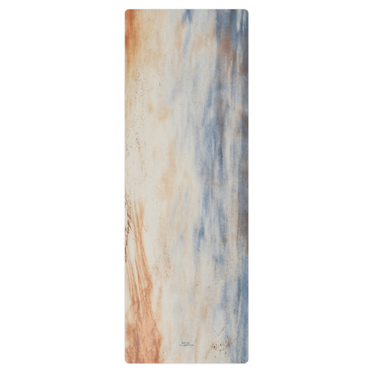Earth-toned yoga mat with soft beige, brown, and blue abstract watercolor patterns, showcasing a minimalist and calming design