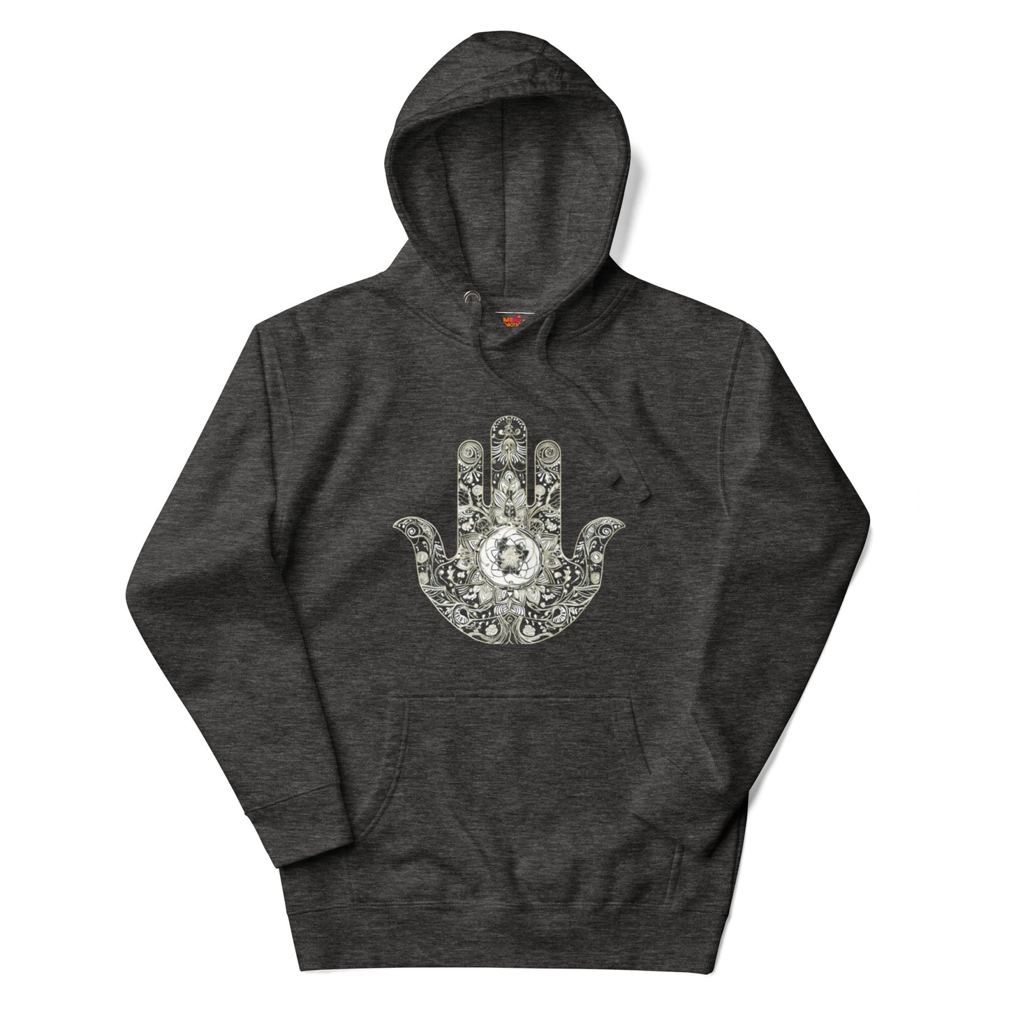 Charcoal heather hoodie adorned with a detailed hand design and a central floral emblem for a stylish look