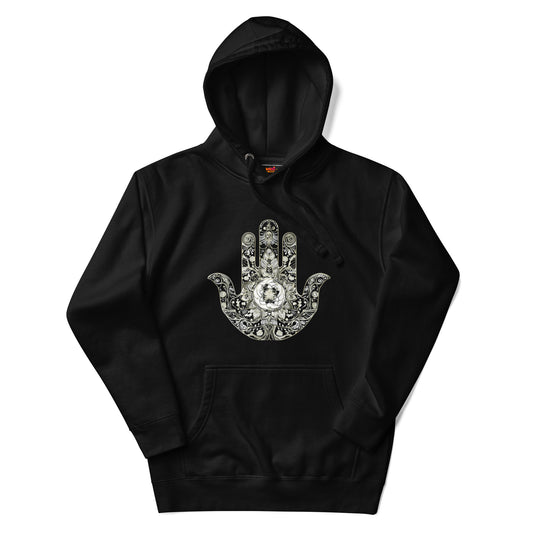 Premium black hoodie featuring an intricate hand design with ornate details and a central floral motif