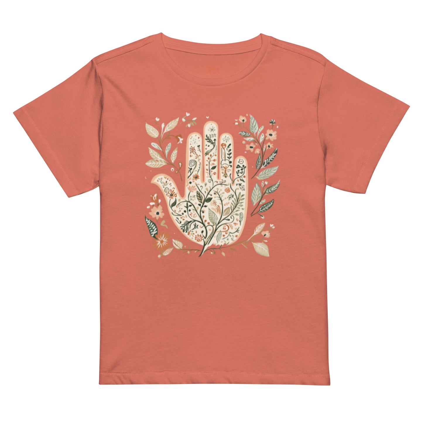 Red sorbet high-waisted tee with a vibrant floral Hamsa hand and intricate botanical details.