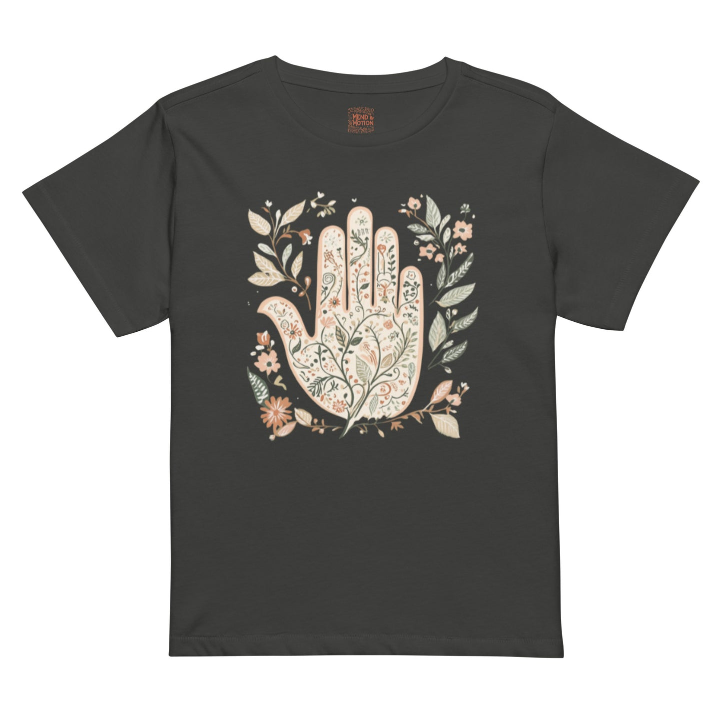 Vintage black high-waisted tee with a detailed floral Hamsa hand design in soft colors.