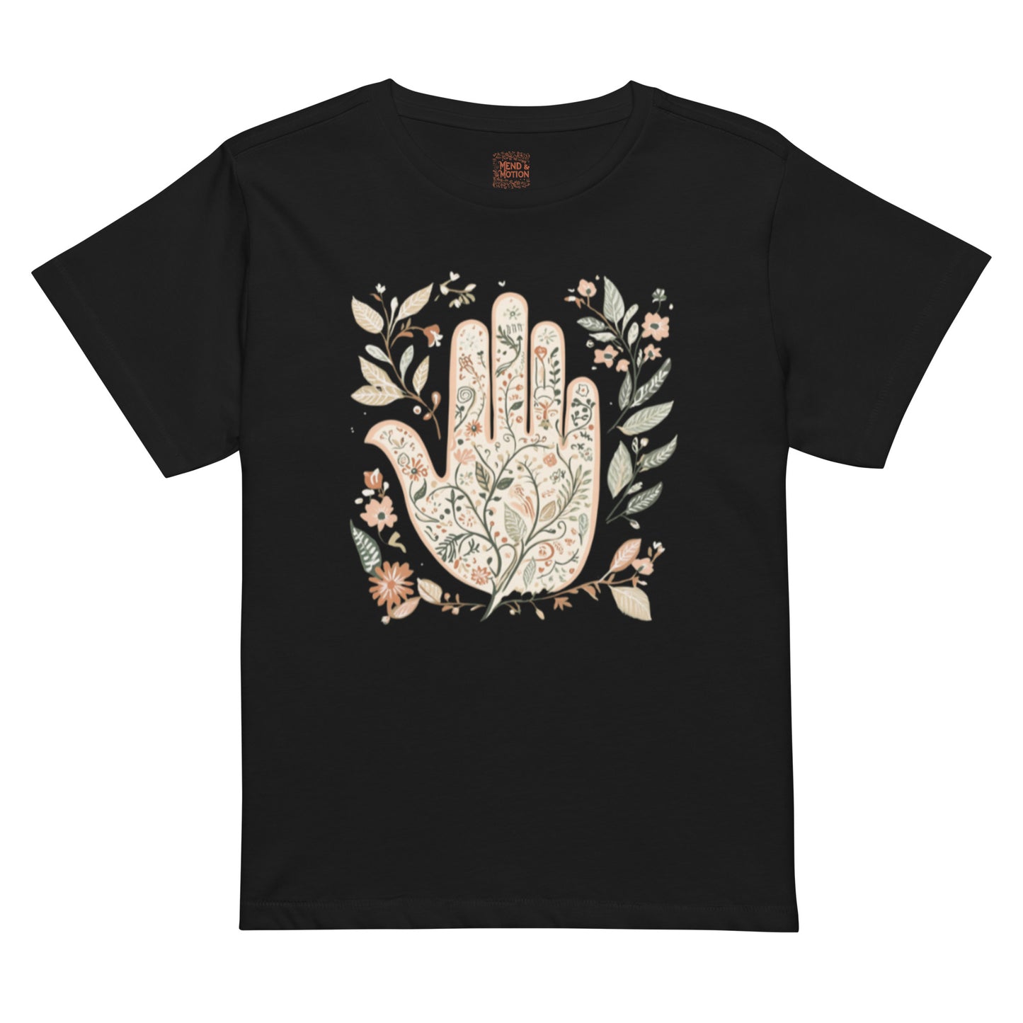 Black high-waisted tee featuring a floral Hamsa hand surrounded by delicate leaves and flowers.