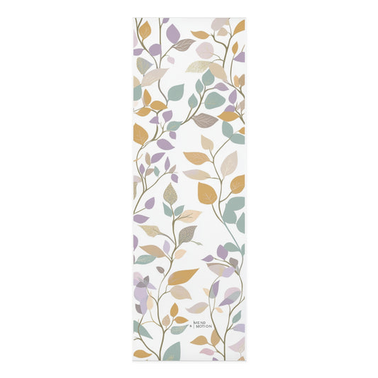 Top view of a floral mandala yoga mat with intricate patterns in pastel tones of blue and orange