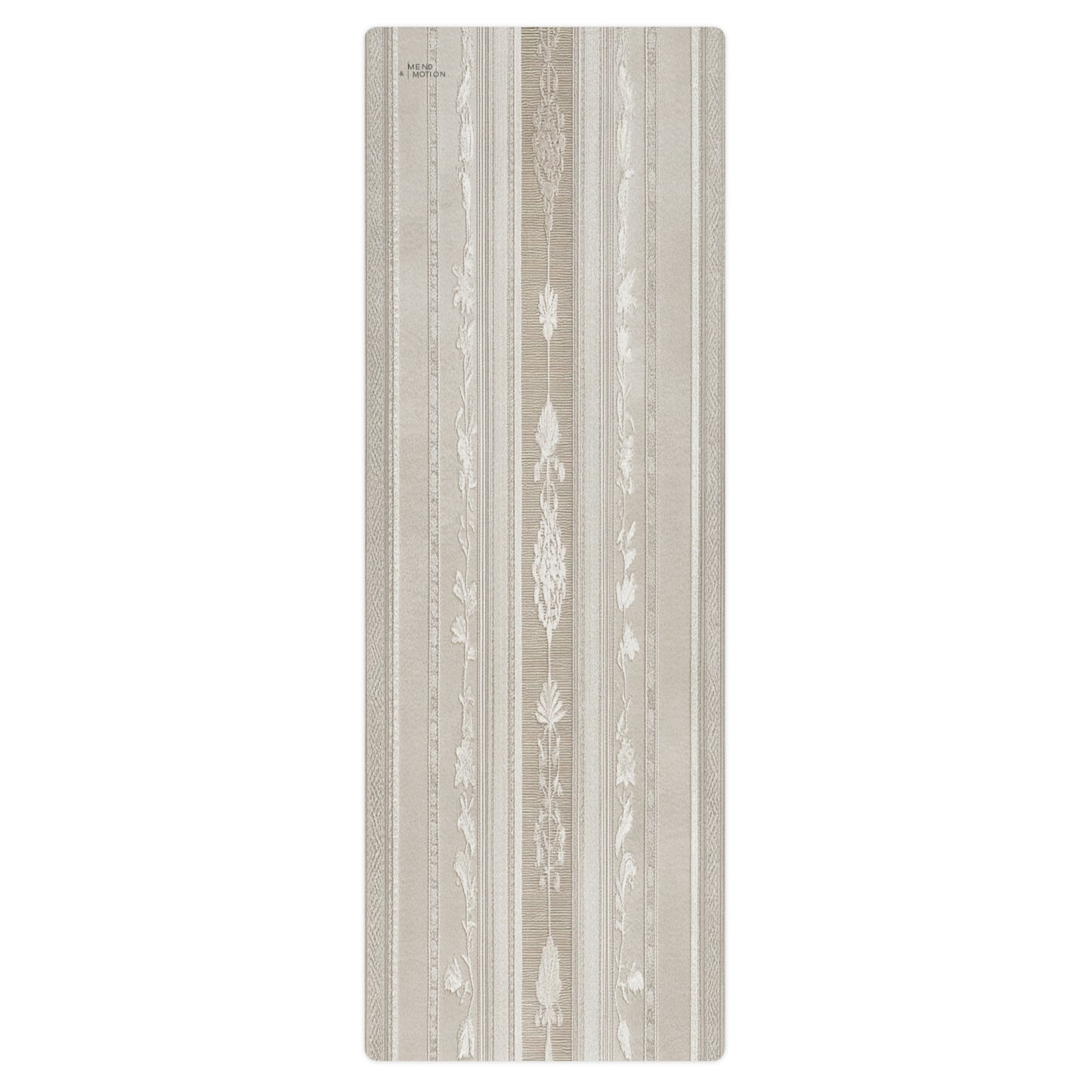 Beige yoga mat with intricate floral and stripe patterns, rolled flat for a detailed top view.