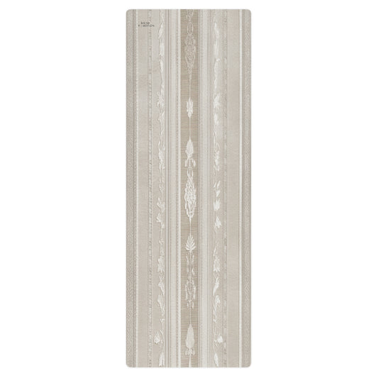 Beige yoga mat with intricate floral and stripe patterns, rolled flat for a detailed top view.