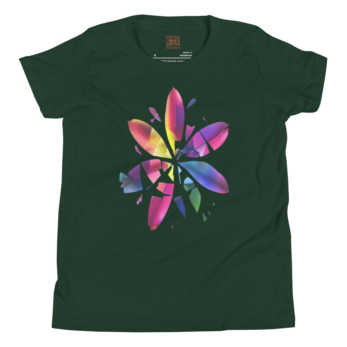 Youth tee in forest green featuring a colorful burst design resembling a blooming shattered flower.