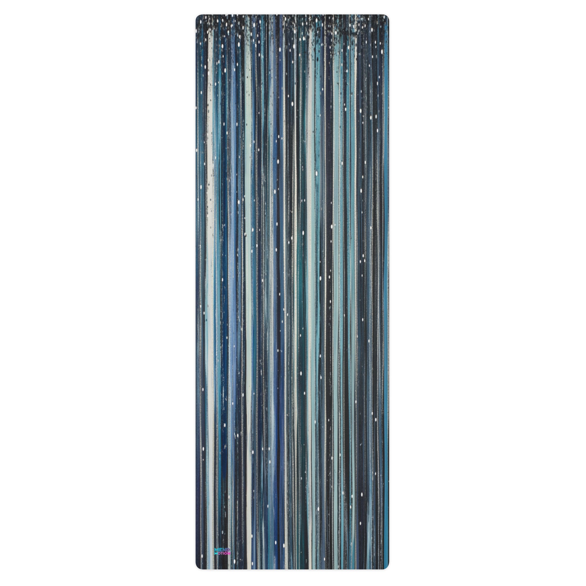 A full view of a yoga mat featuring a blue and black vertical streaked design with delicate white speckles for a calming aesthetic