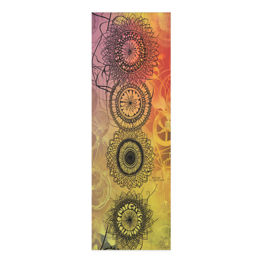 Yoga mat featuring a vibrant gradient background with intricate black mandala patterns in a vertical arrangement