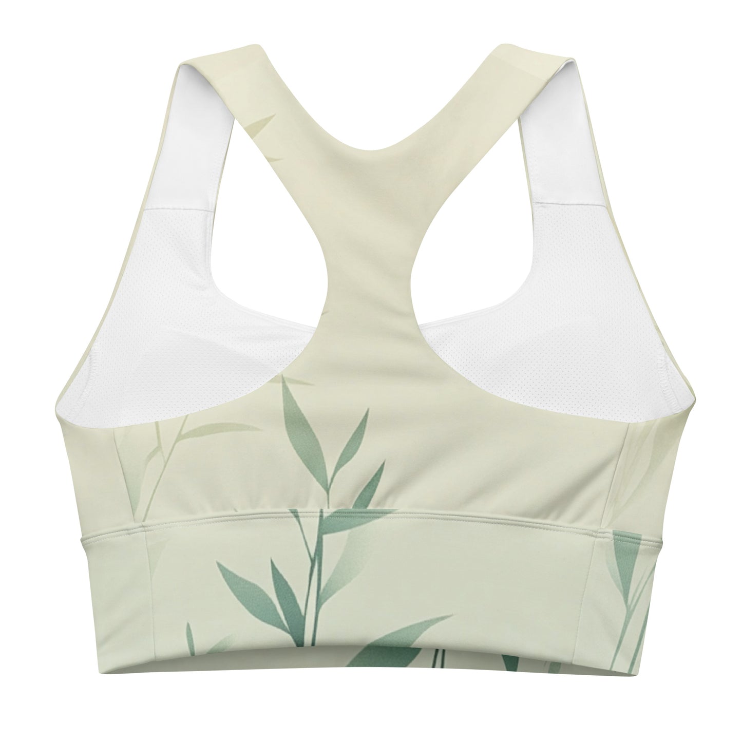 Back view of a green sports bra featuring minimalist bamboo leaf patterns, designed for comfort and style