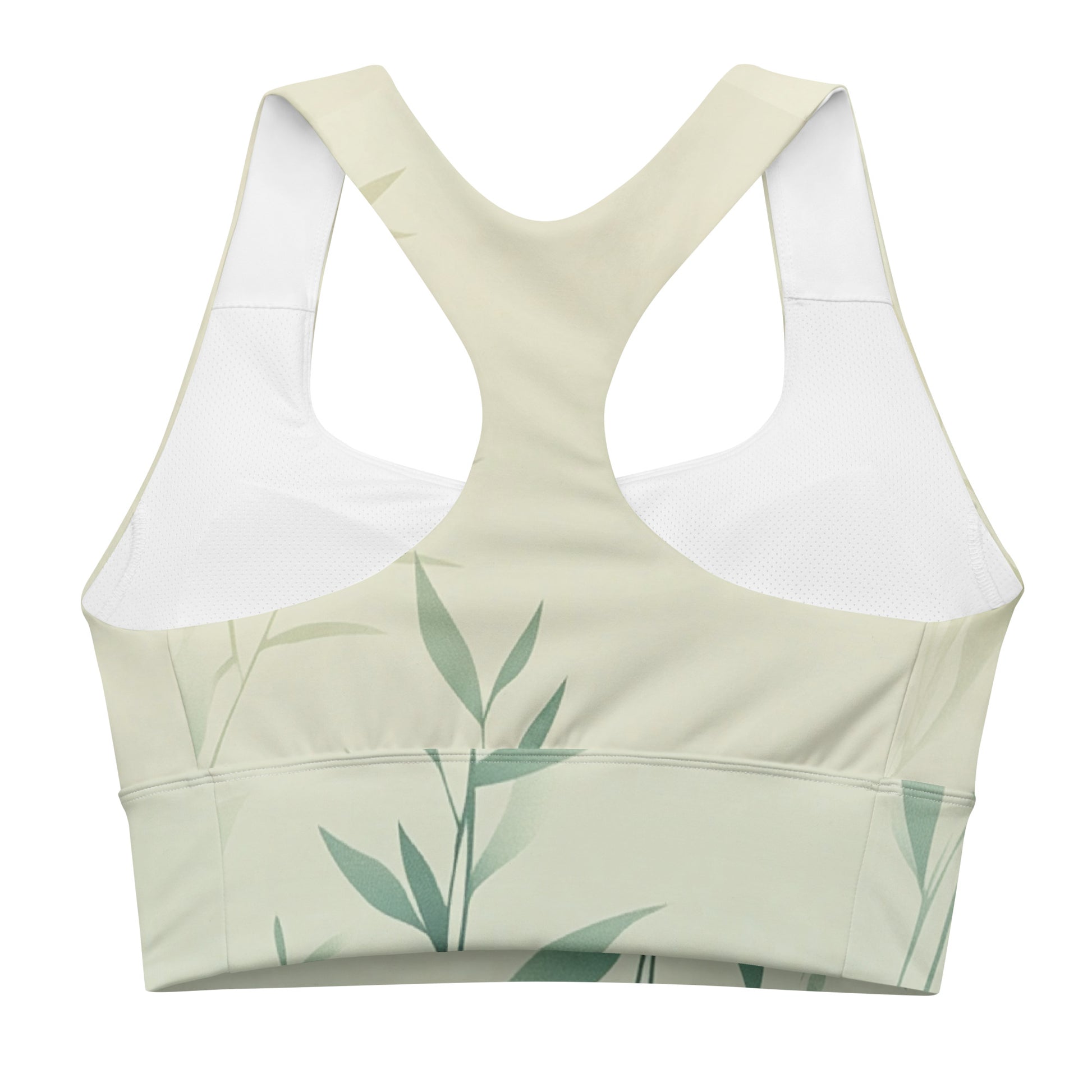 Back view of a green sports bra featuring minimalist bamboo leaf patterns, designed for comfort and style