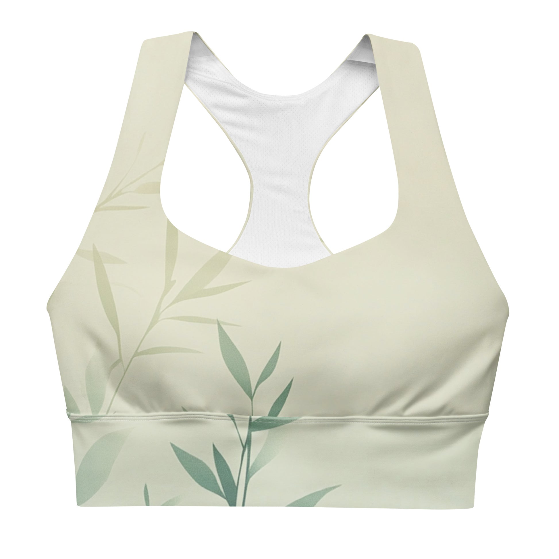Front view of a green sports bra with subtle bamboo leaf prints, ideal for active wear and leisure