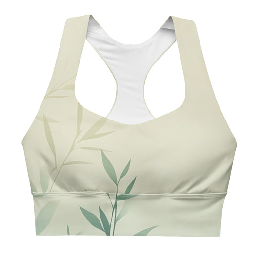 Front view of a green sports bra with subtle bamboo leaf prints, ideal for active wear and leisure