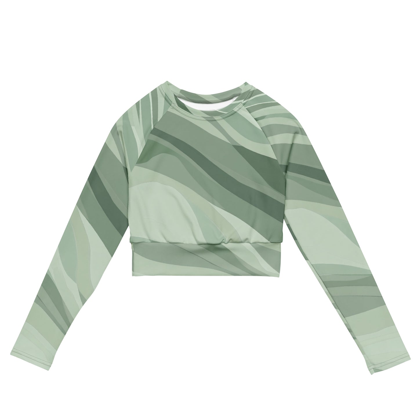 Front view of green long sleeve crop top with unique wave pattern design.