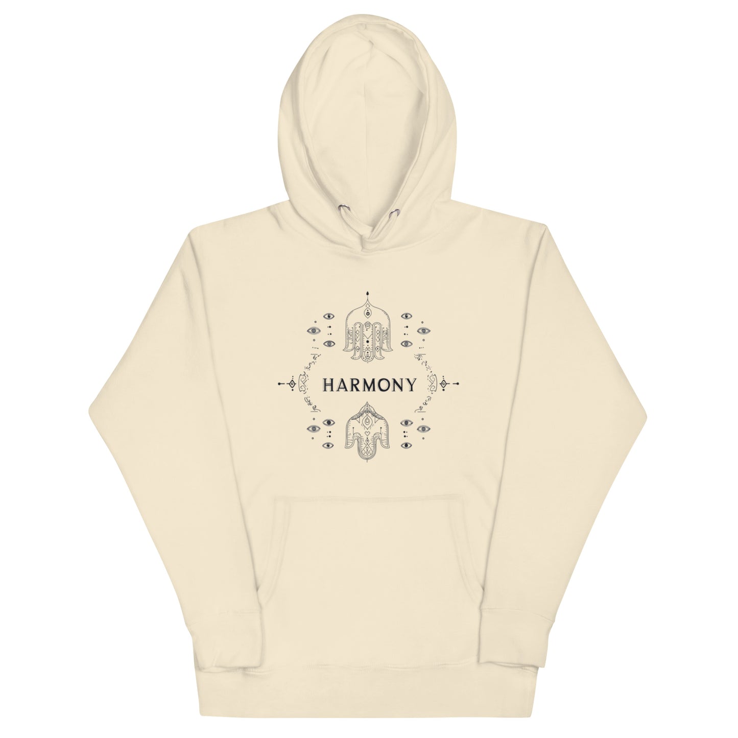 Bone-colored hoodie with a graceful 'Harmony' design, accented with Hamsa motifs and fine patterns