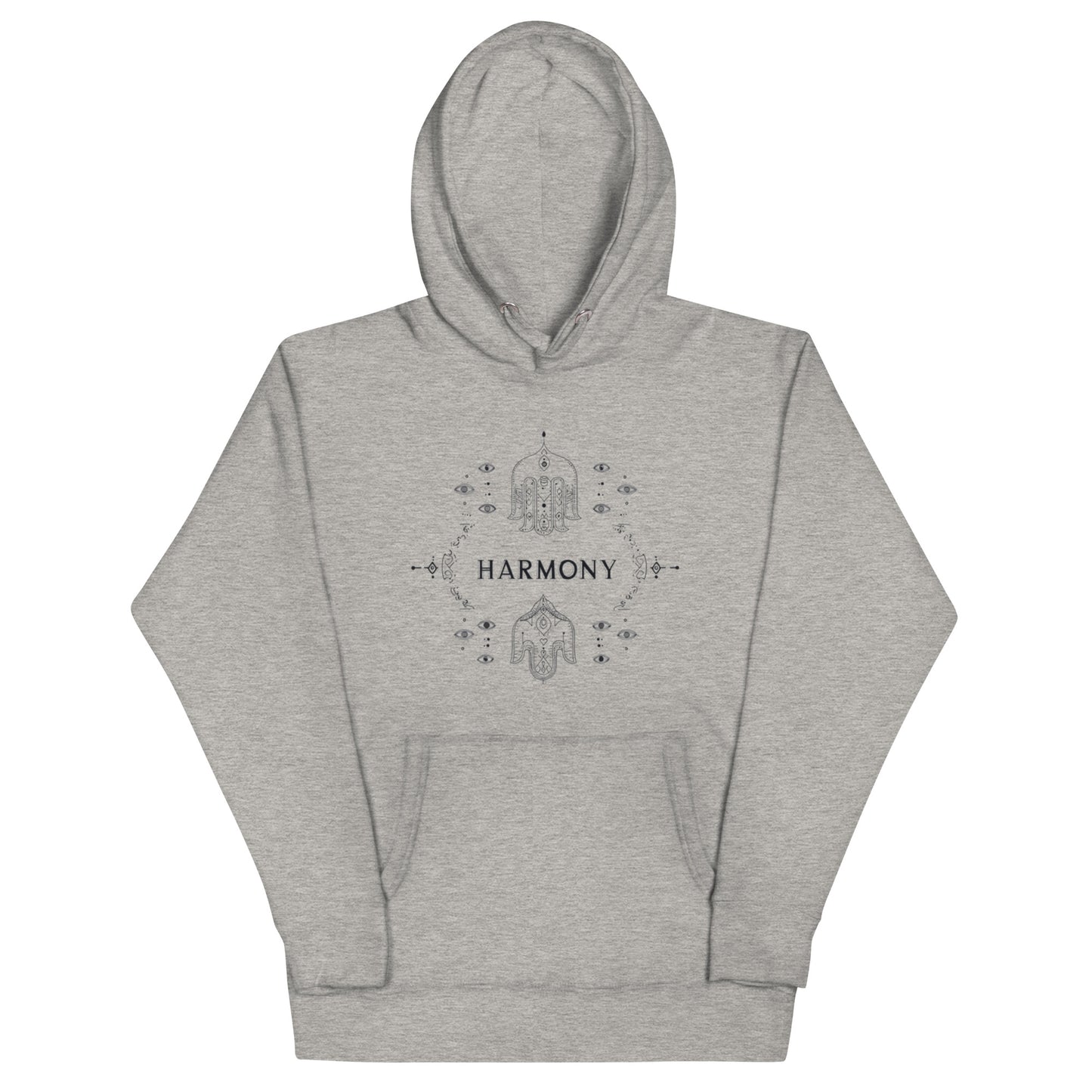 Carbon grey hoodie showcasing a 'Harmony' graphic with delicate patterns and Hamsa-inspired details