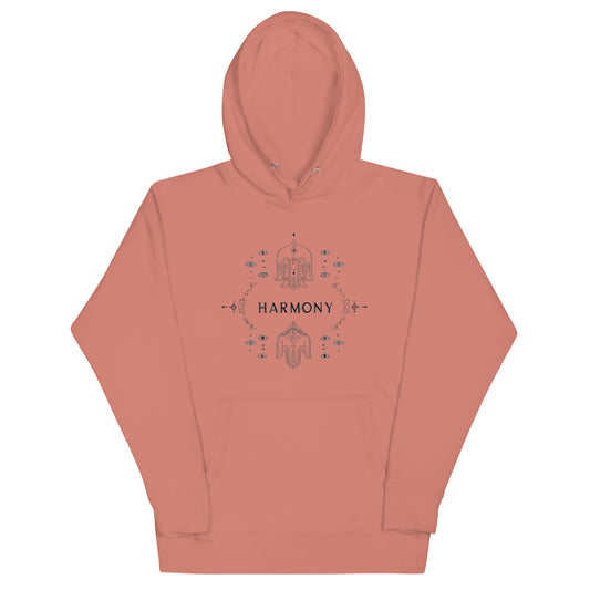 Dusty rose hoodie with a minimalistic 'Harmony' design featuring intricate patterns and Hamsa symbols