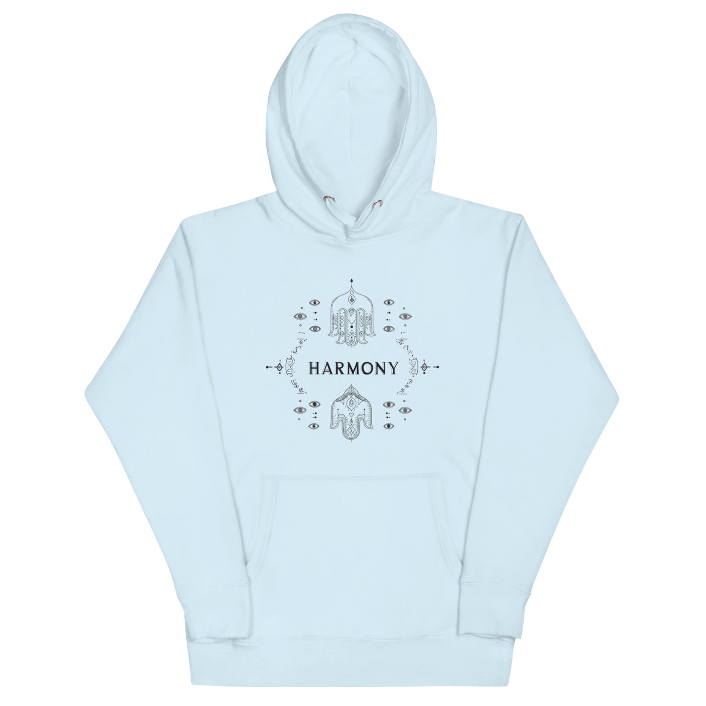 Sky blue hoodie featuring a sleek 'Harmony' design with symbolic Hamsa elements and intricate details