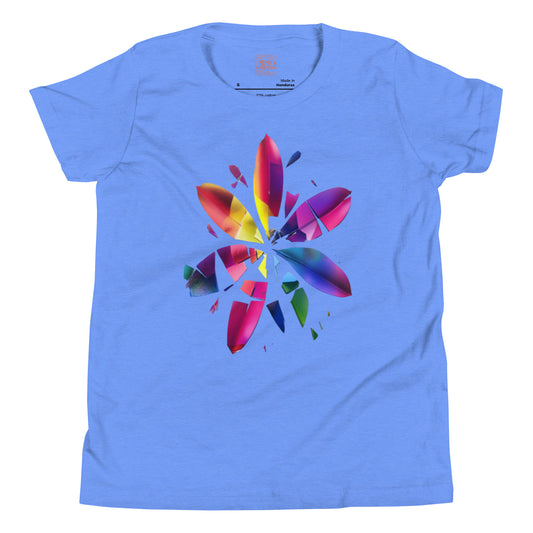 Youth tee in heather blue with a vibrant shattered rainbow design resembling a blooming flower.