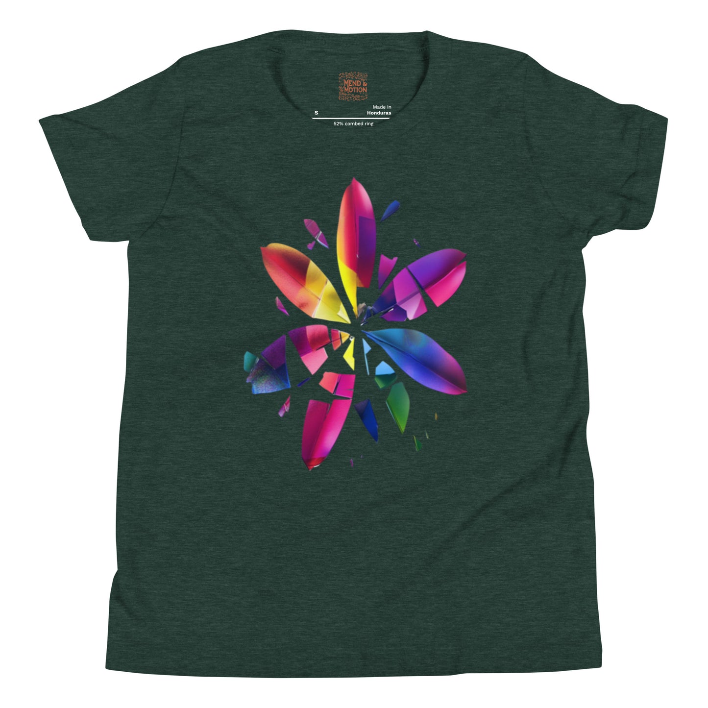 Youth tee in heather forest with a vibrant rainbow burst design shaped like an abstract blooming flower.