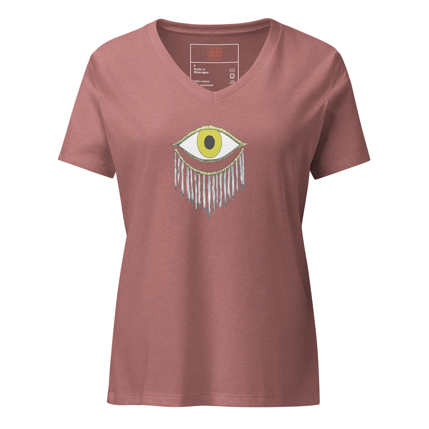 Heather mauve women's v-neck t-shirt with an artistic eye design and boho details
