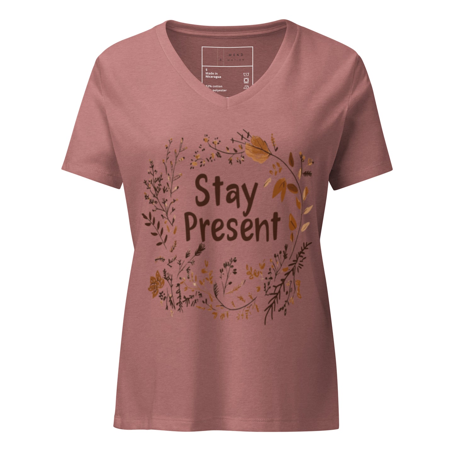 Heather Mauve Stay Present V-Neck Tee featuring elegant floral wreath design with motivational phrase 'Stay Present,' perfect for mindfulness enthusiasts.