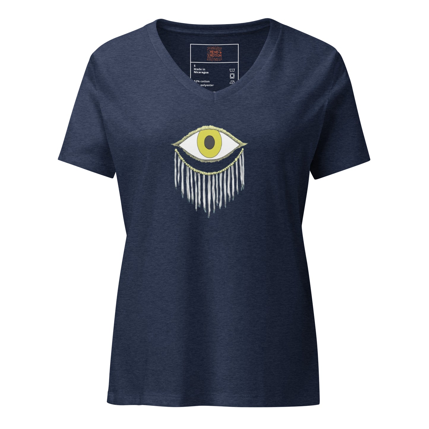 Heather navy relaxed v-neck tee with a creative abstract eye design for women