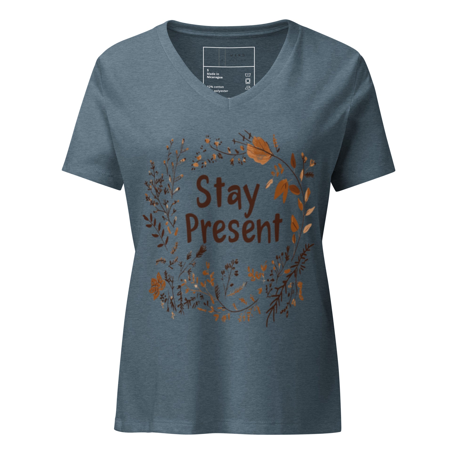 Heather Slate Stay Present V-Neck Tee with an intricate botanical wreath encircling the motivational phrase 'Stay Present,' for a calm and reflective style.