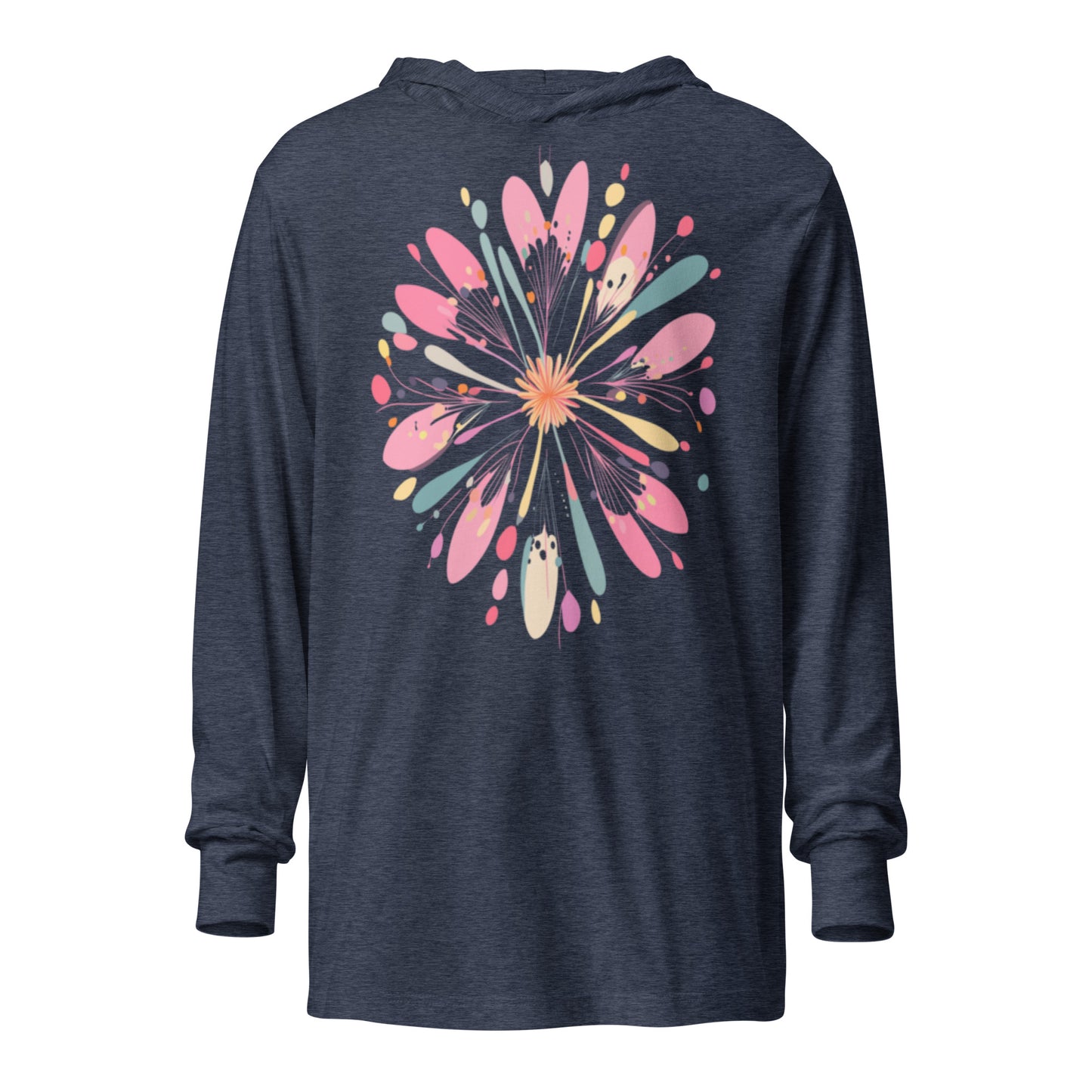 Heather navy long-sleeve hoodie with abstract flower graphic