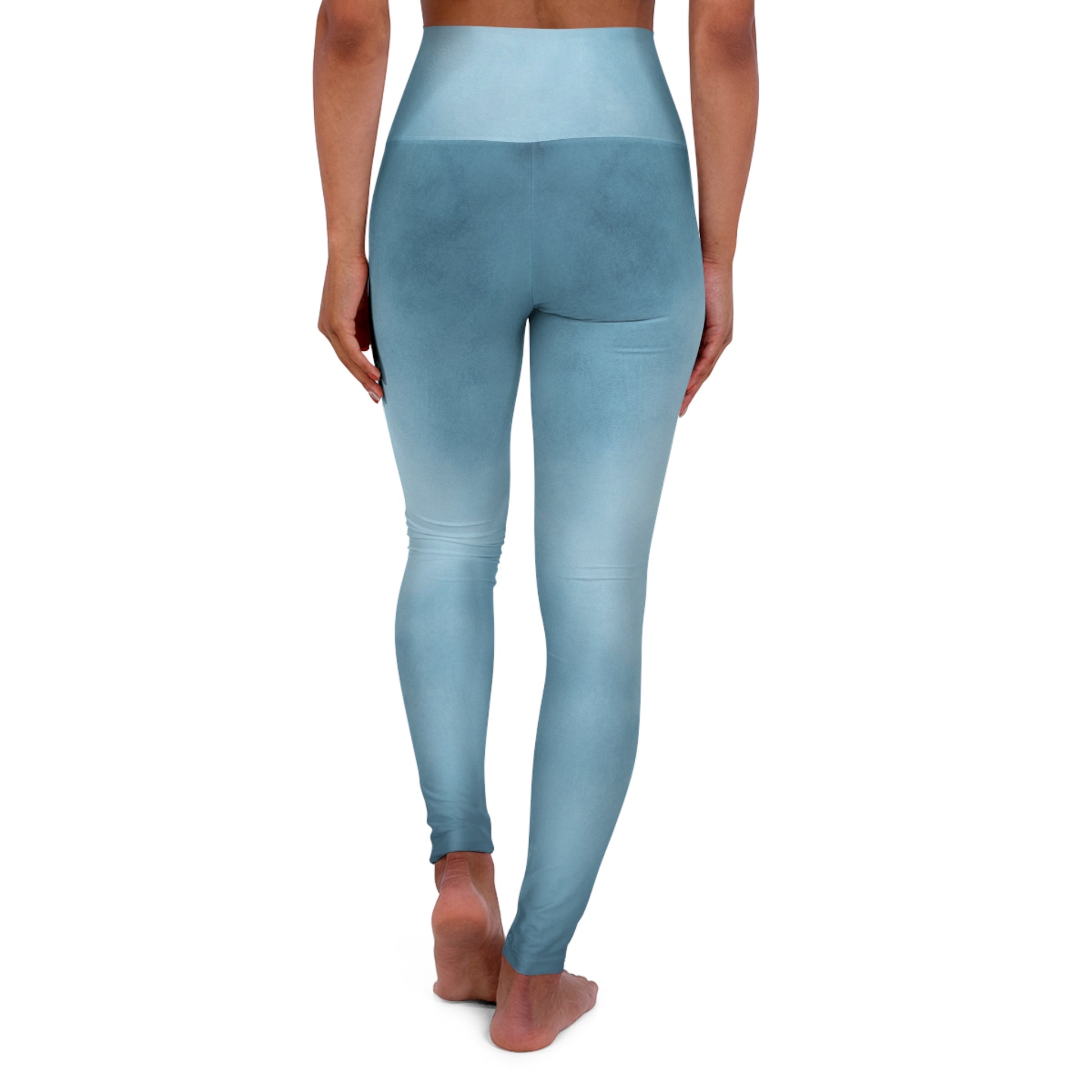 Alternative side angle of high-waisted blue leggings with a gradient texture for a modern and chic aesthetic