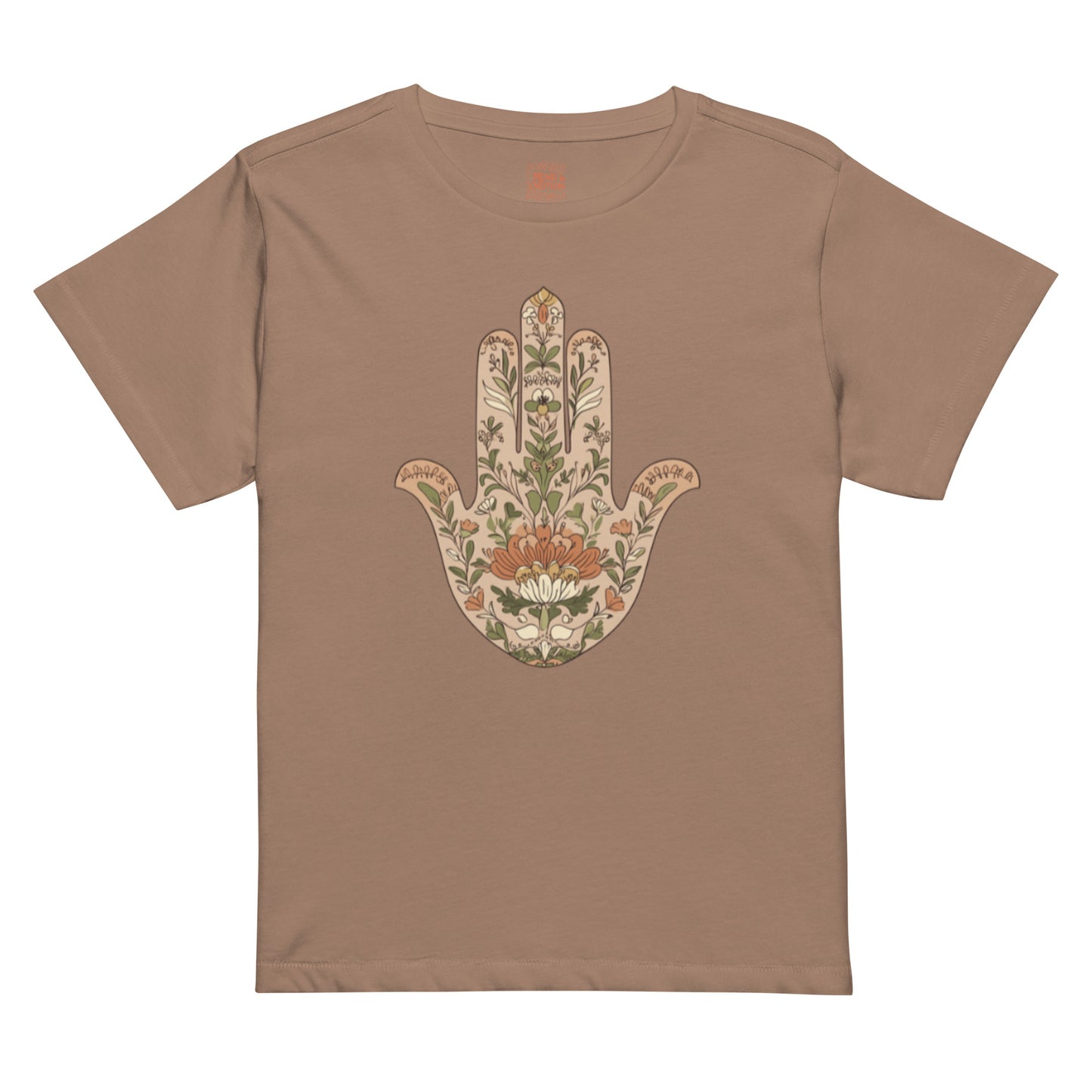Latte-colored tee showcasing a beige and orange floral Hamsa