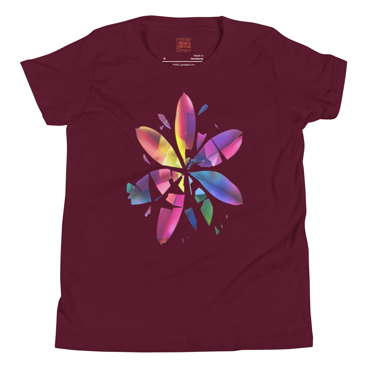 Maroon youth tee showcasing a colorful abstract flower design with rainbow-shaded shards.
