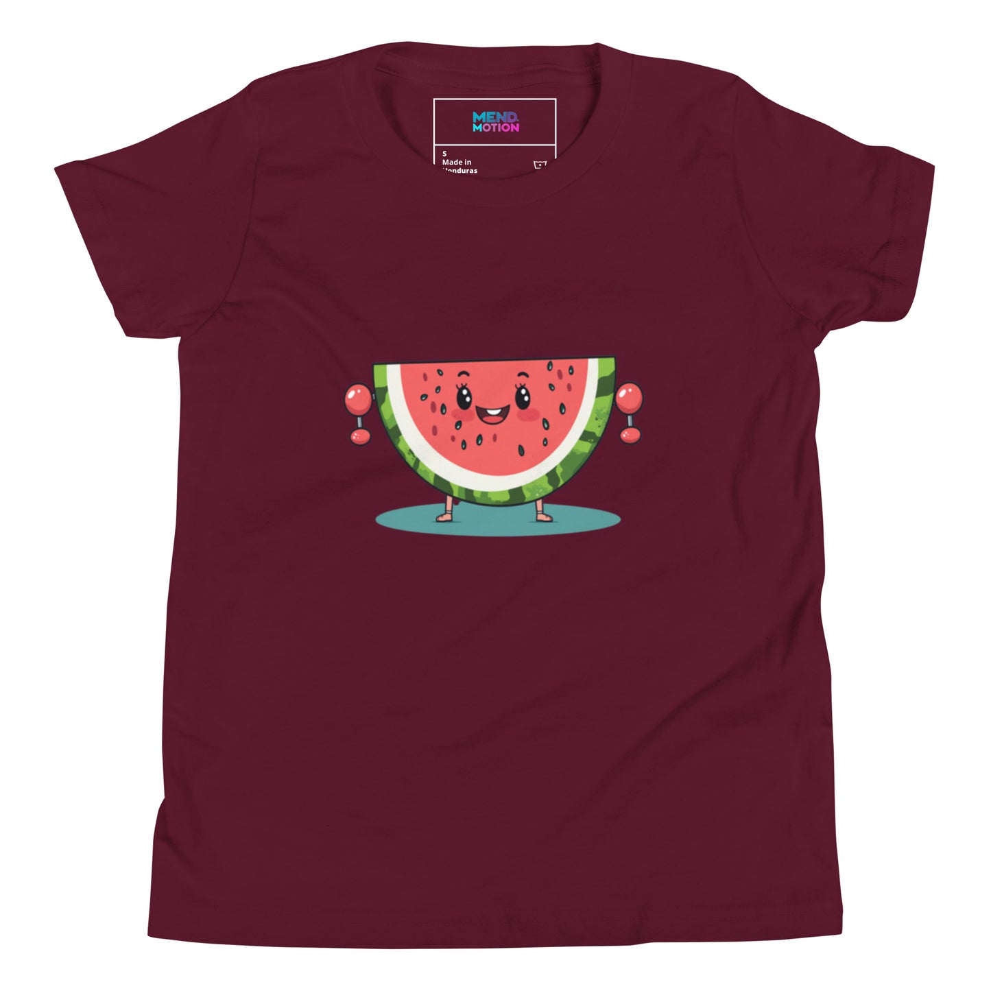 Maroon youth t-shirt displaying a fun watermelon character with tiny dumbbells in a playful pose