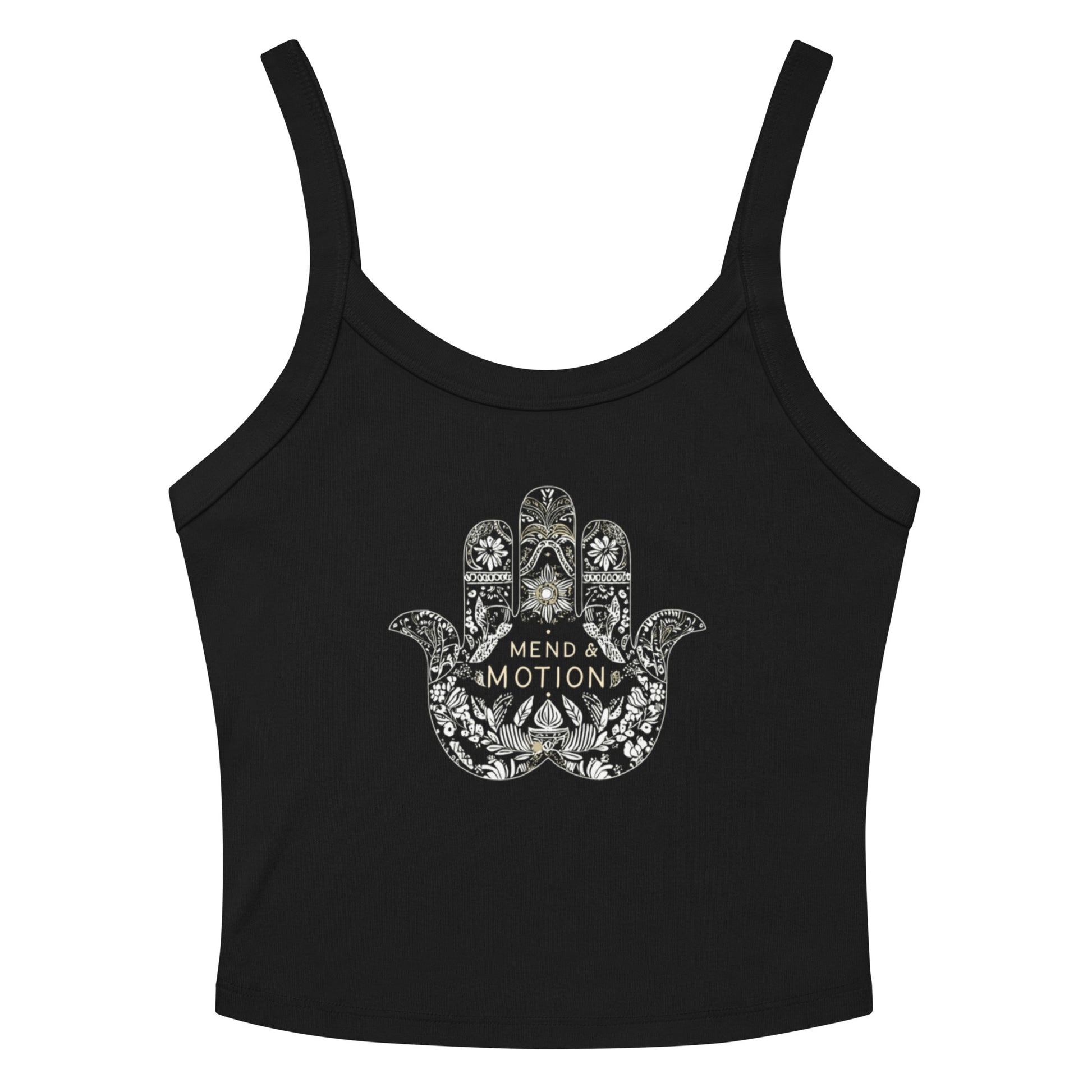 Black tank top featuring an intricate white Hamsa design with "Mend & Motion" text, ideal for casual wear or layering
