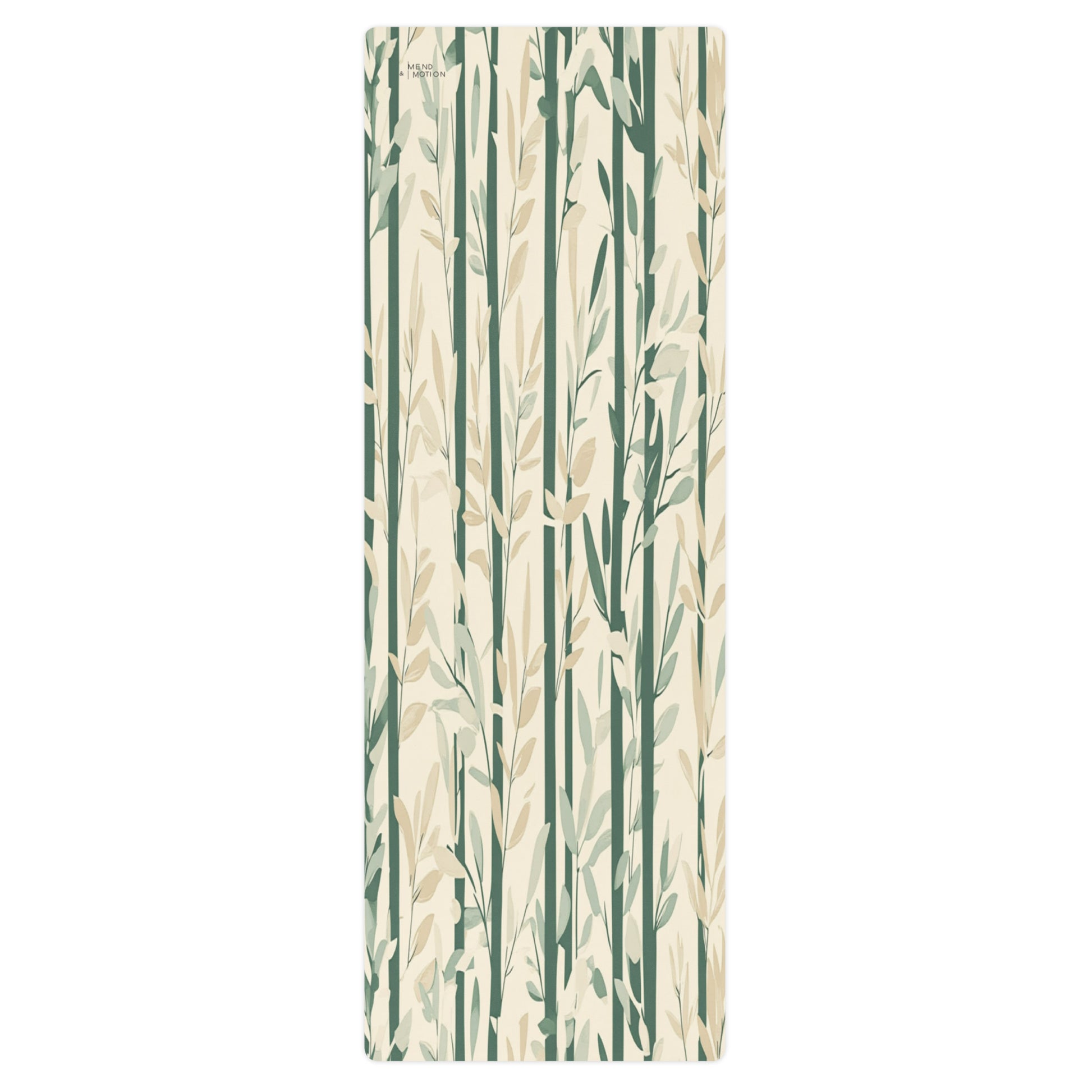 Full view of a yoga mat featuring an elegant bamboo design in green and beige tones on a cream background