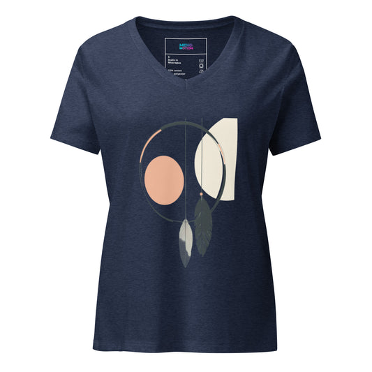 Women's heather navy V-neck T-shirt showcasing a contemporary abstract dreamcatcher design