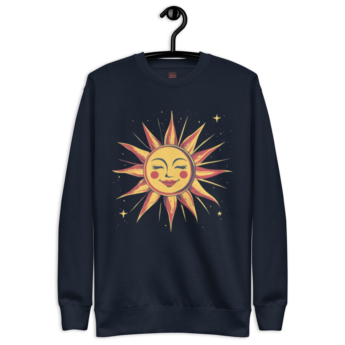 Navy blue unisex sweatshirt showcasing a colorful sun face design surrounded by stars, set on a dark background.