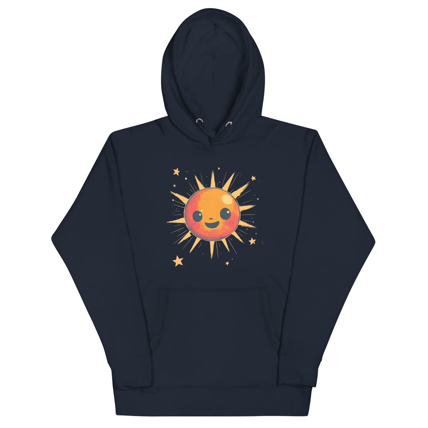 A navy blue hoodie showcasing a happy orange sun surrounded by stars and golden rays