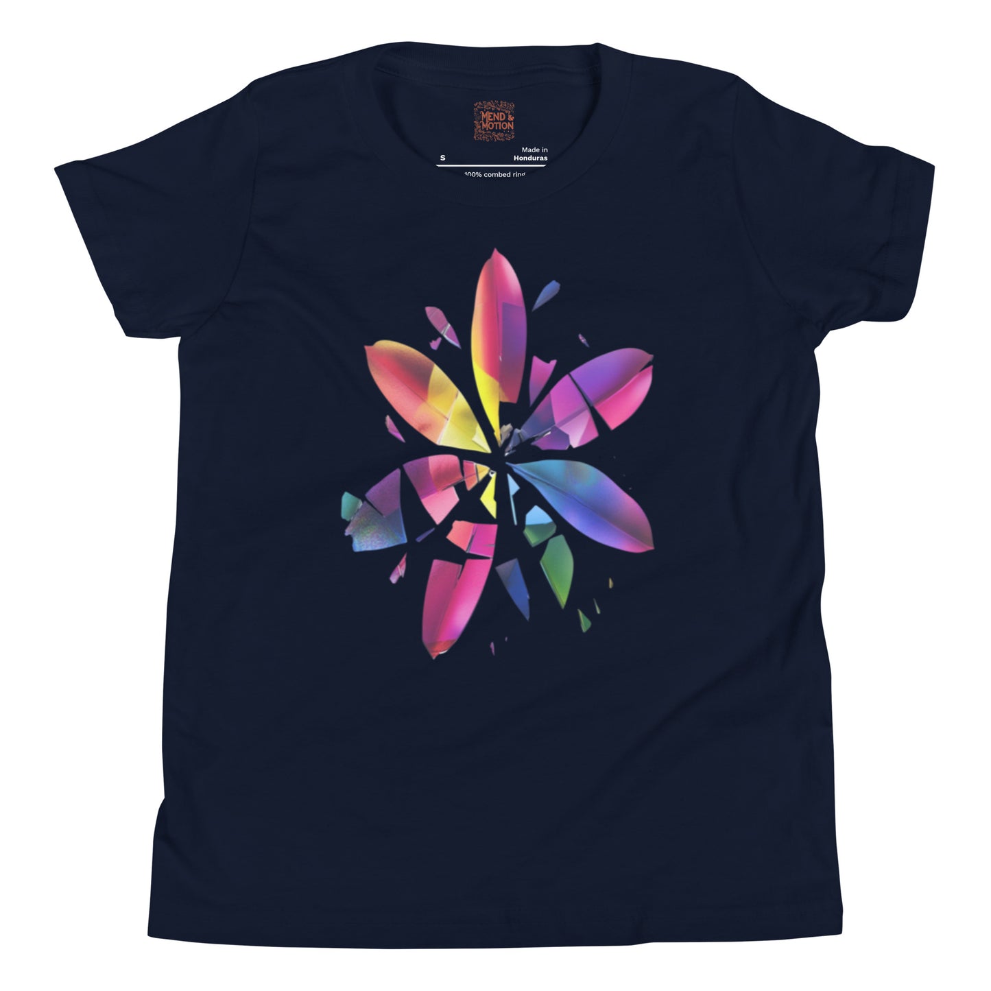 Navy youth tee with a vibrant rainbow burst design shaped like a shattered blooming flower.